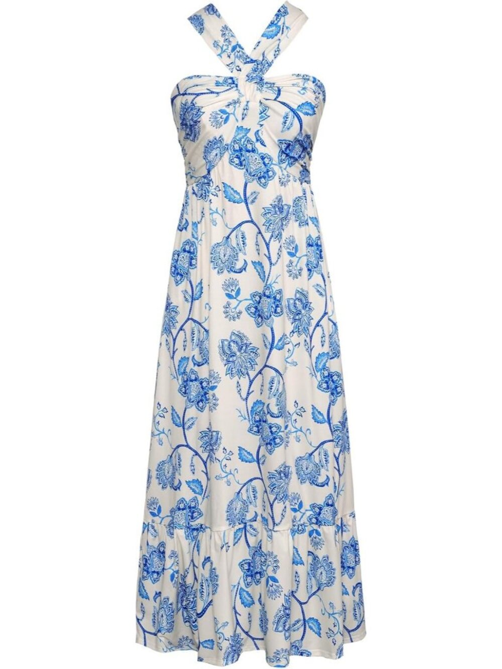 🆕Women Beige Blue Halter Neck Sleeveless A-Line Summer Comfort Soft Maxi Dress